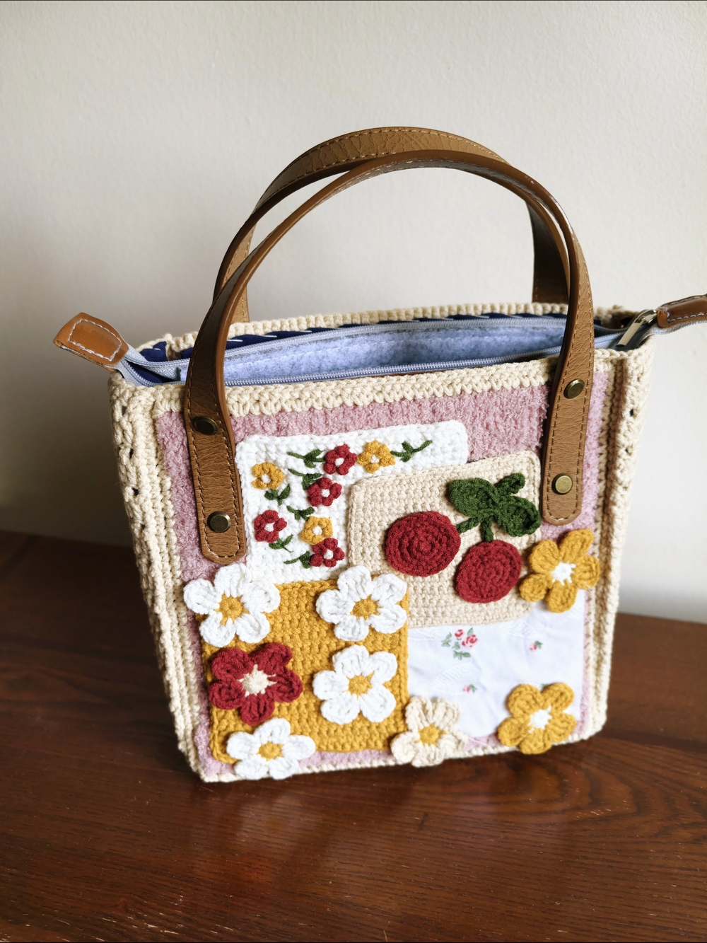Handmade Crochet Floral Patchwork Tote Bag - Pink, Cream & Mustard - Picture 2 of 10